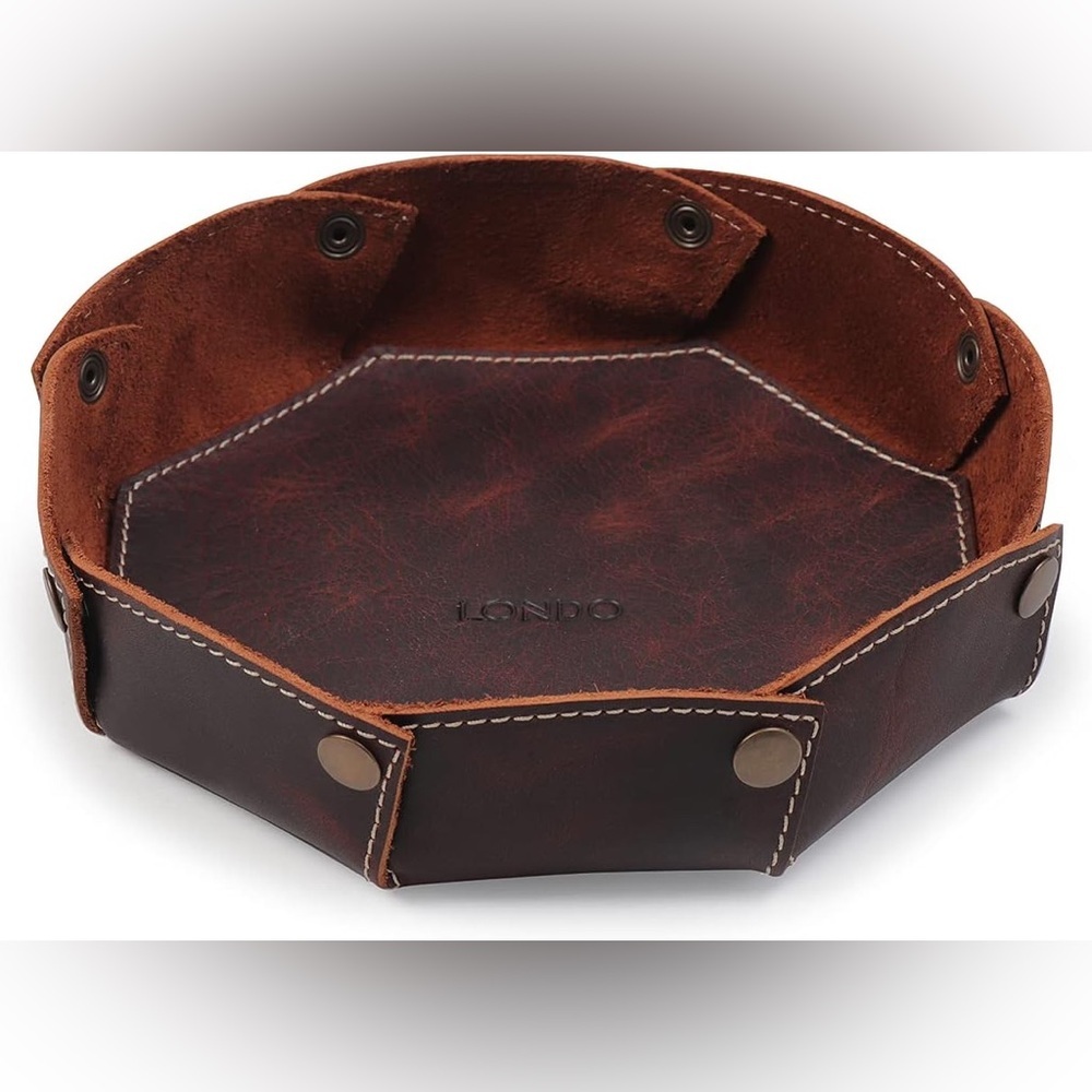 Londo Brown Genuine Leather Round Valet Tray Organizer Catchall Brand New